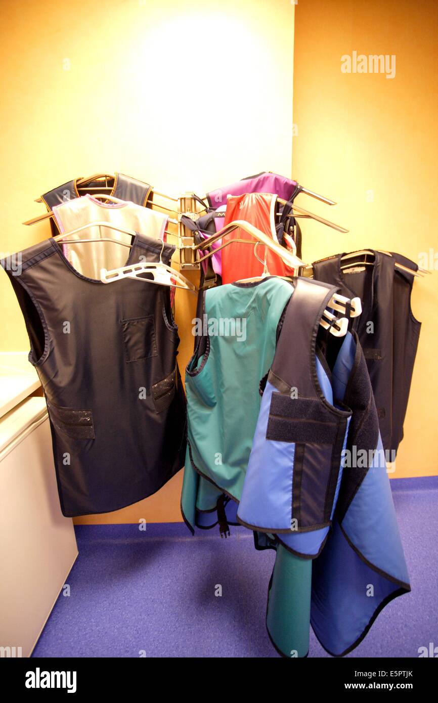 Radioprotection lead aprons used by the staff working in a radiology