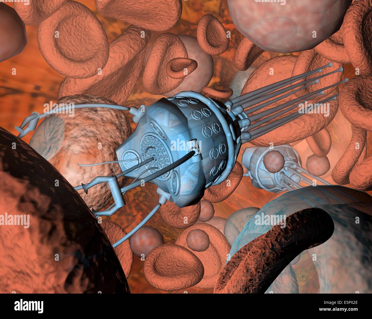 Computer illustration of nanorobot repairing a red blood cells with intracytoplasmic nanomanipulators. Stock Photo
