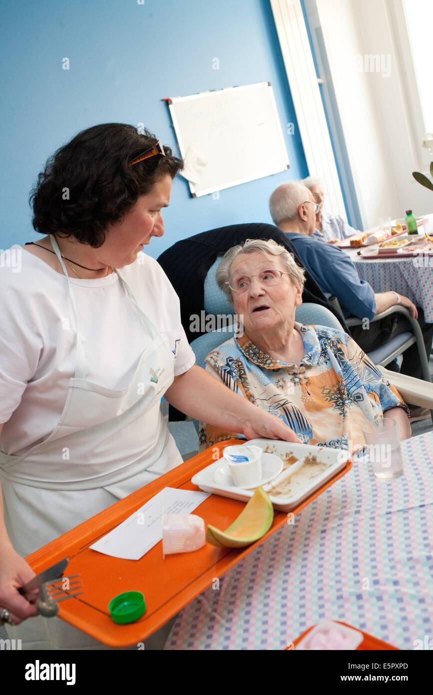 Dining room in retirement home (residential home for dependent elderly person), Limoges hospital. Stock Photo