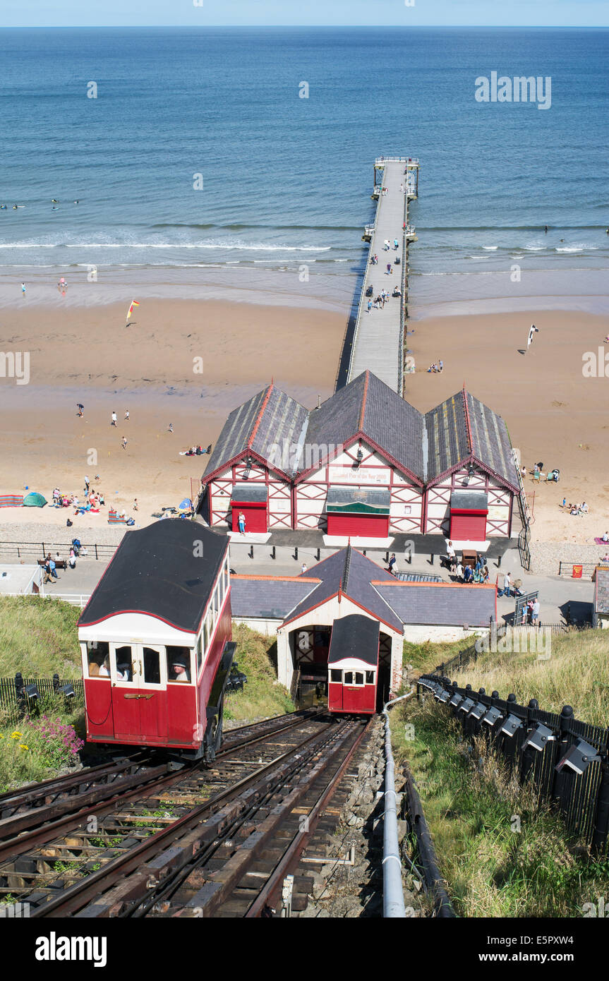 Funicular railway or cliff tramway and pier, Saltburn-by-the-Sea, Redcar and Cleveland, north east England, UK Stock Photo