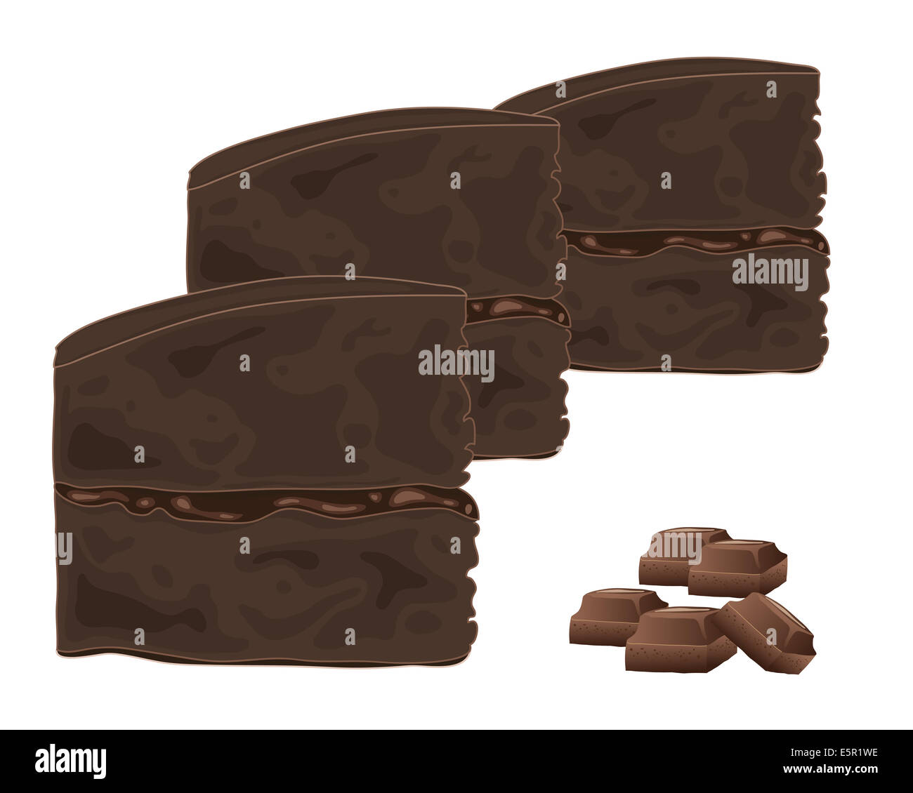 an illustration of slices of chocolate sandwich cake with chunks of milk chocolate on a white background Stock Photo