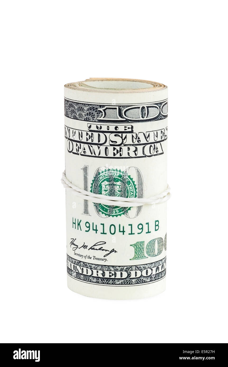 Rolled banknotes of 100 dollars isolated on white background with clipping path Stock Photo