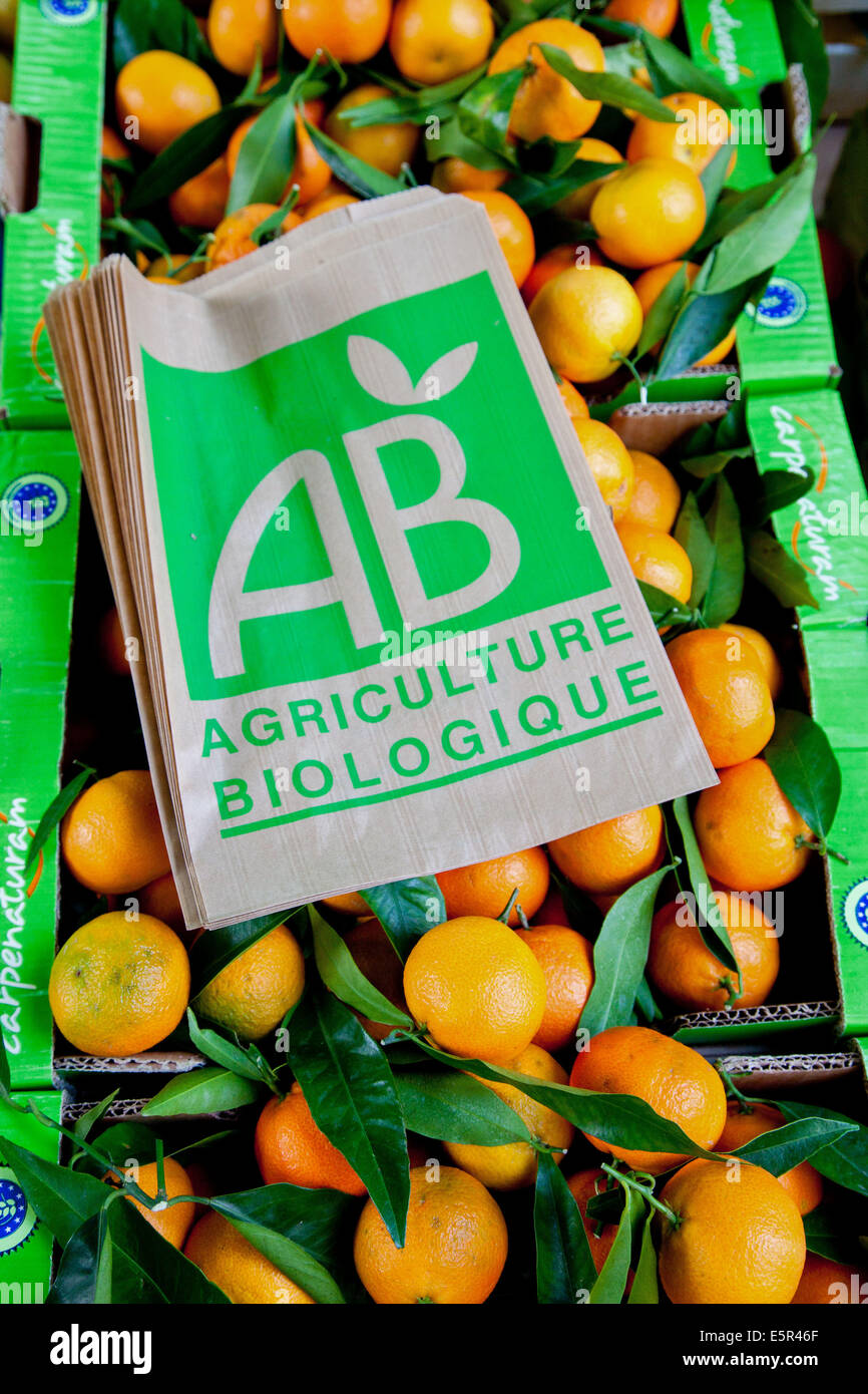 Organic fruits. The AB (Agriculture Biologique) label certifies that this good was produced with organic methods. Stock Photo