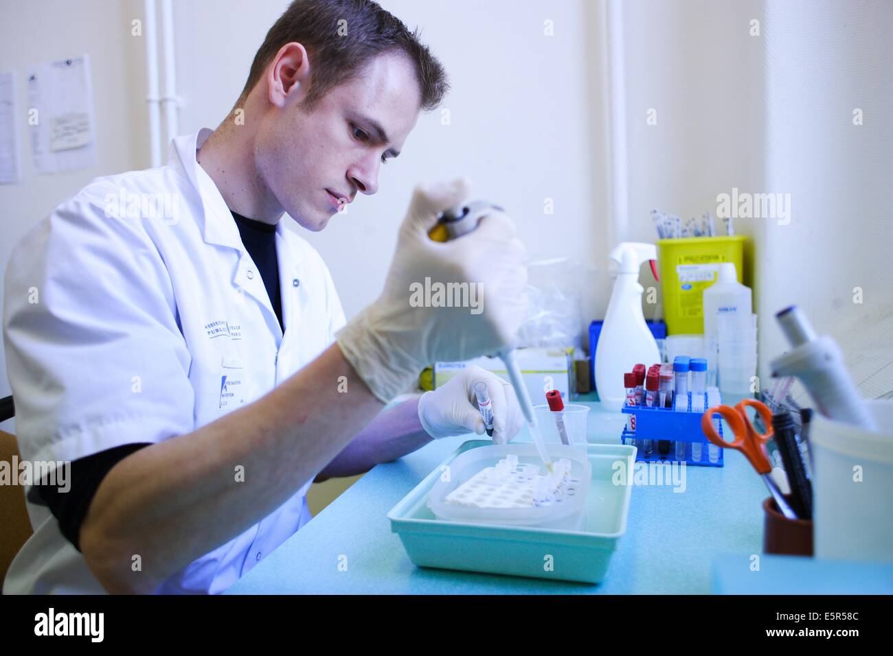 A technician is pipetting blood serum from obese person in eppendorf