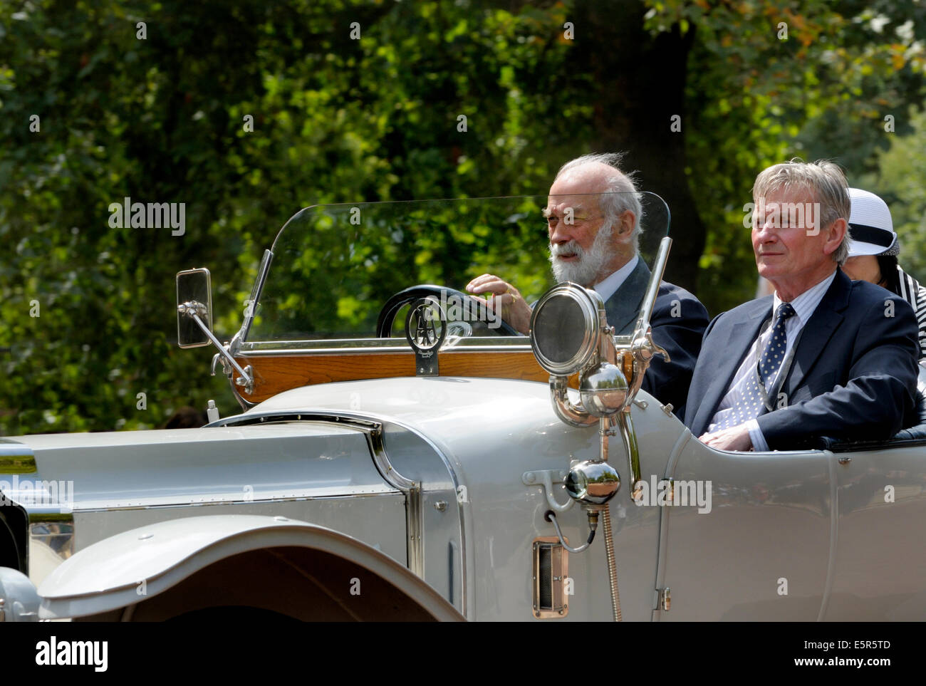 London, UK. 4th Aug, 2014.Great War Centenary Parade. HRH Prince Michael of Kent drives a vintage 1912 Vauxhall A Type (YK-1437) in the Mall. Stock Photo