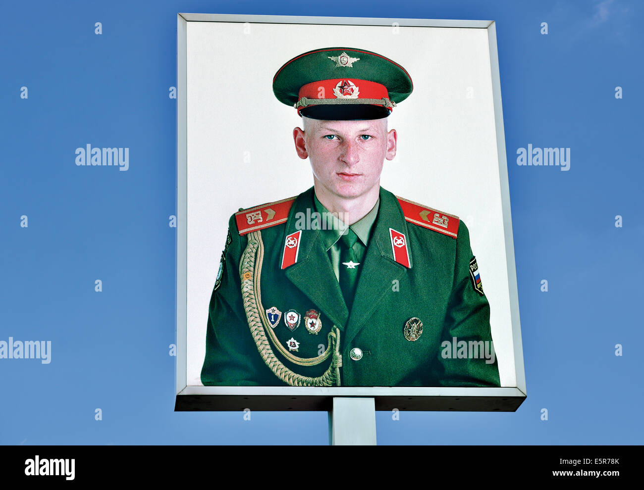 Germany, Berlin: Sovjet Soldier Portrait by Frank Thiele at former US Checkpoint Charlie Stock Photo