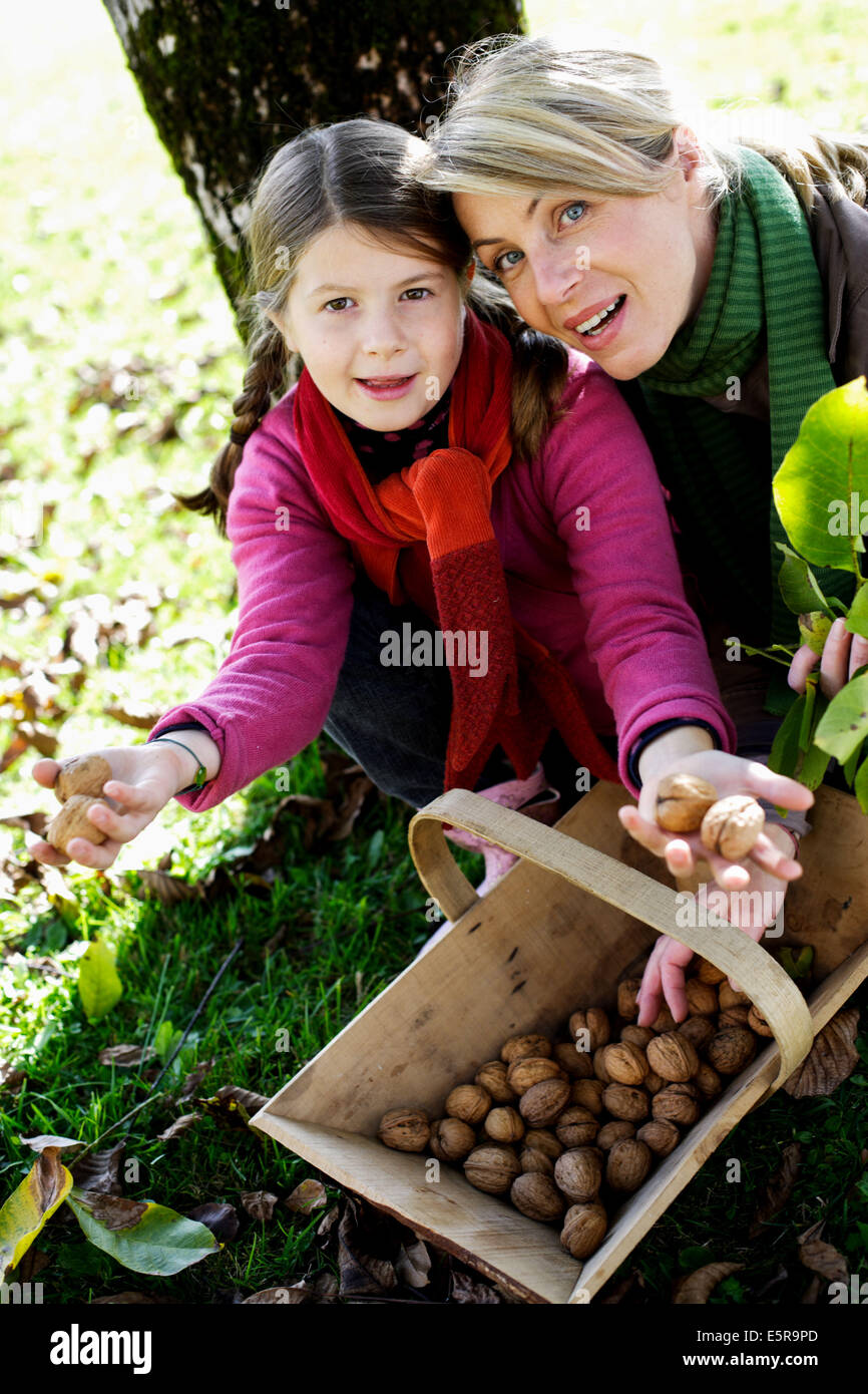Mother and daughter picking walnuts Stock Photo Alamy