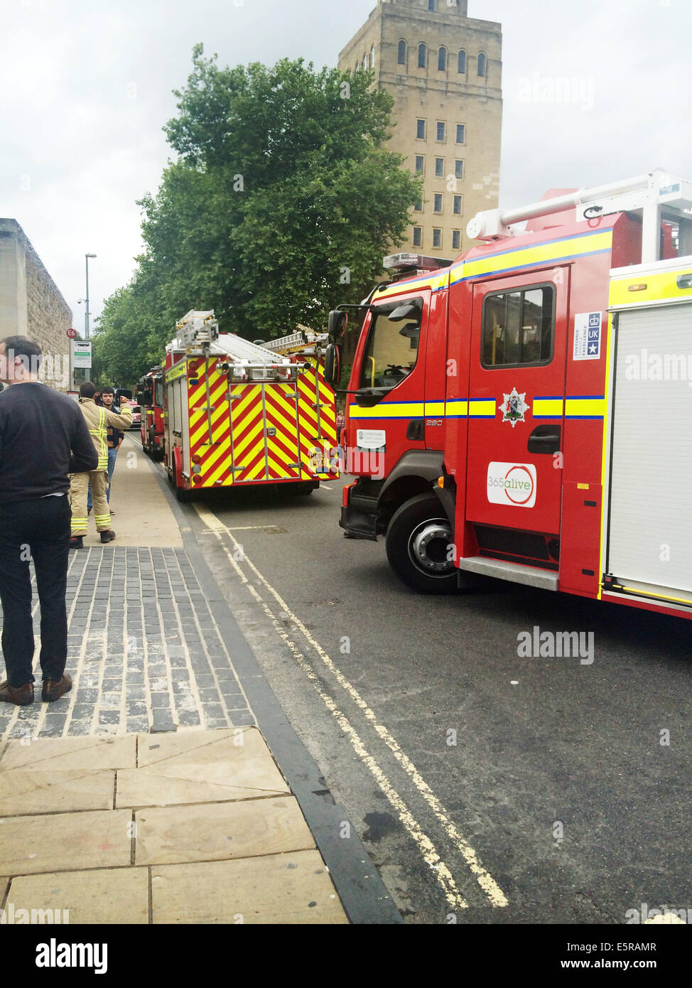 Oxford, Oxfordshire, UK. 5th August, 2014. A small fire broke out in the Malmaison Hotel in Oxford. The Castle Quarter was cordoned off. The Hotel says everything is ok and the fire is now out. Credit:  Annabel Dixon/Alamy Live News Stock Photo