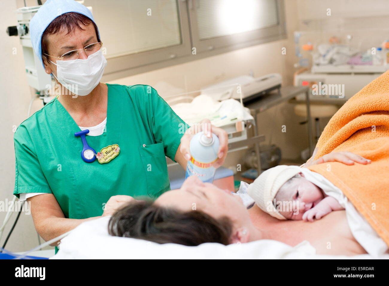 Woman in labor room during delivery, Obstetrics and gynaecology department, Saintonges hospital, Saintes, France. Stock Photo