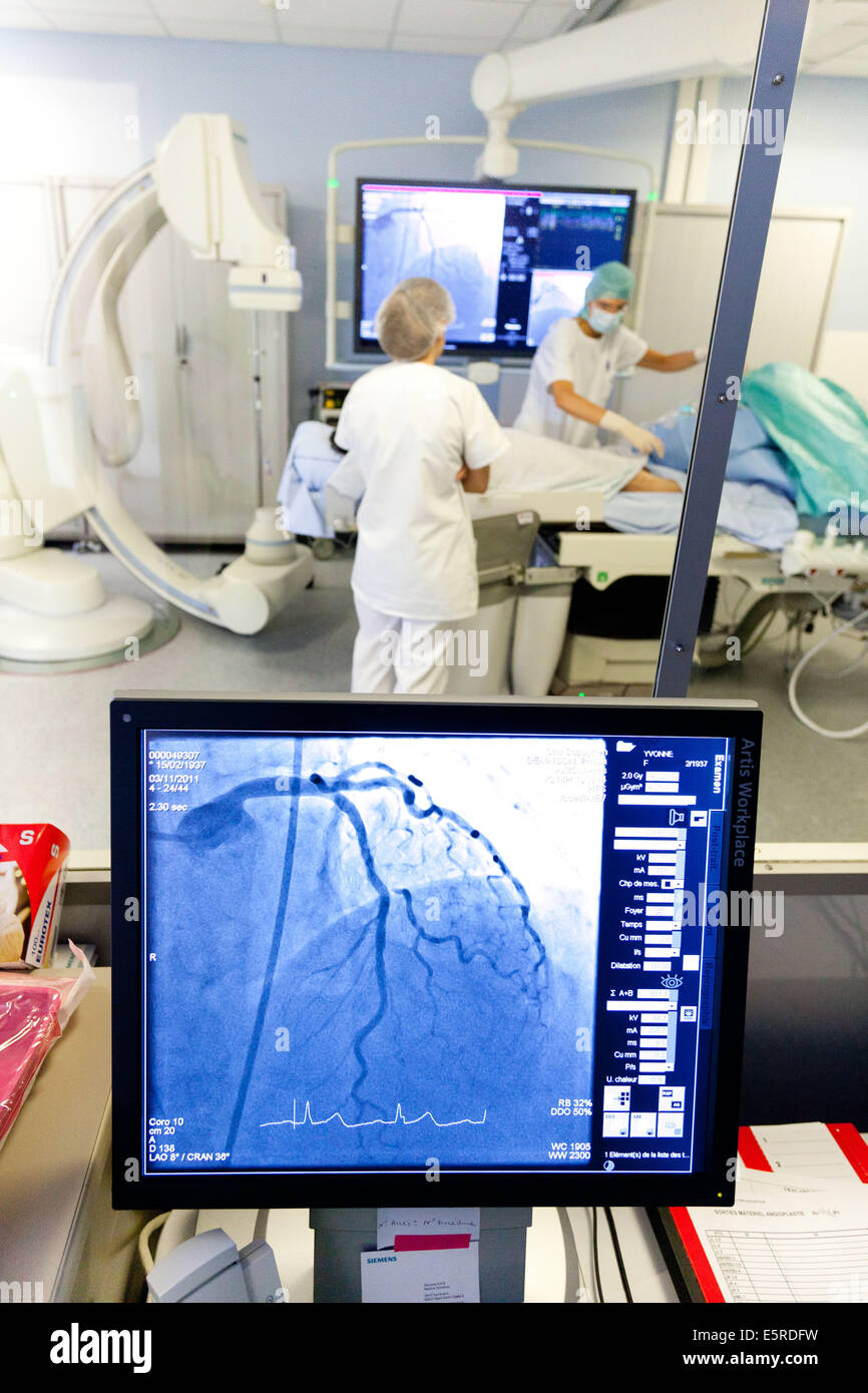 Hemodynamic diagnostic angiography and interventional cardiology, Department of Cardiology, Limoges hospital, France. Stock Photo