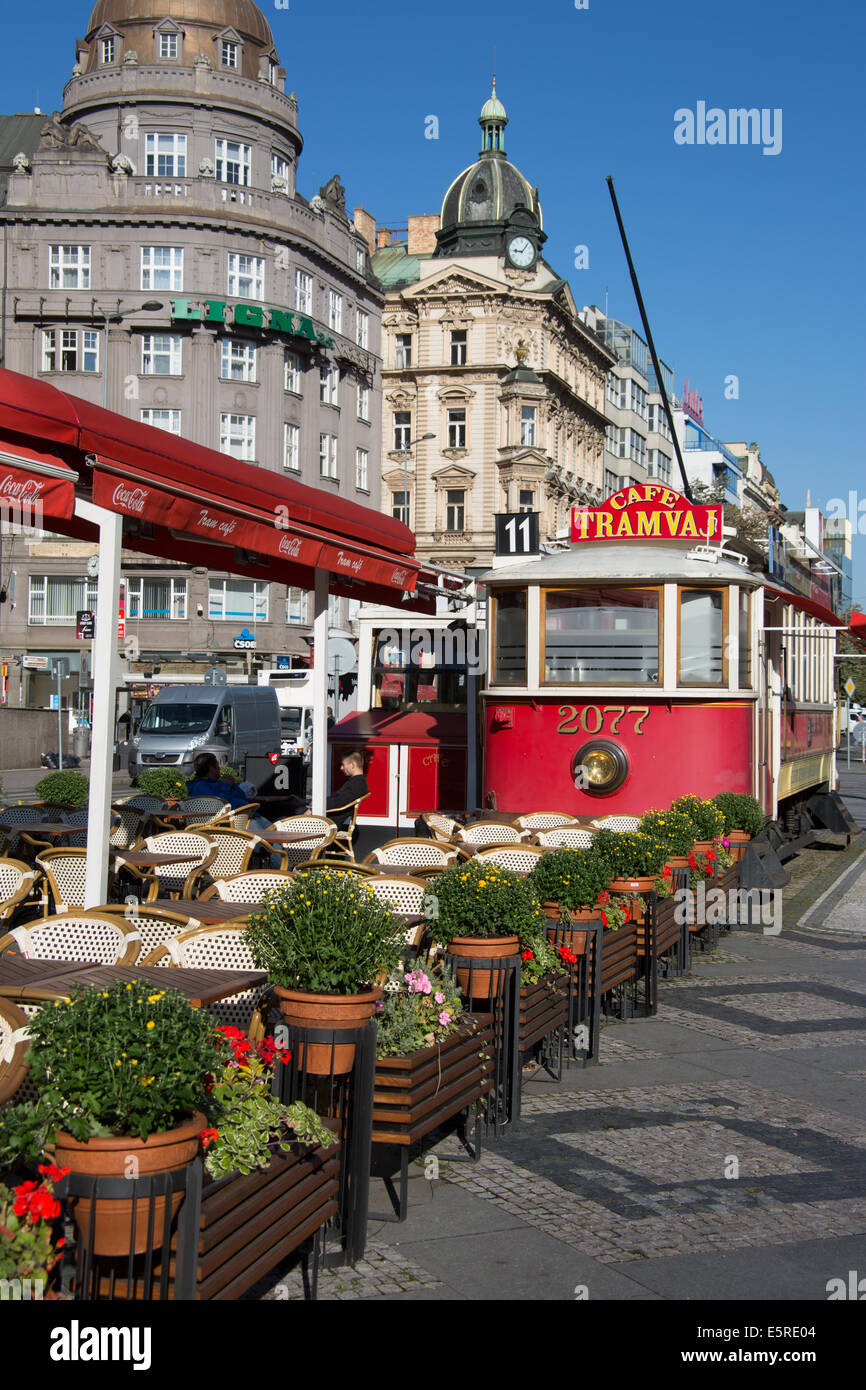 Tram cafe on Wenceslas Square in Prague, Czech republic Stock Photo