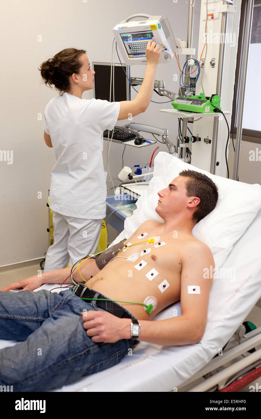 Electrocardiogram, Emergency department of Bordeaux hospital, France. Stock Photo