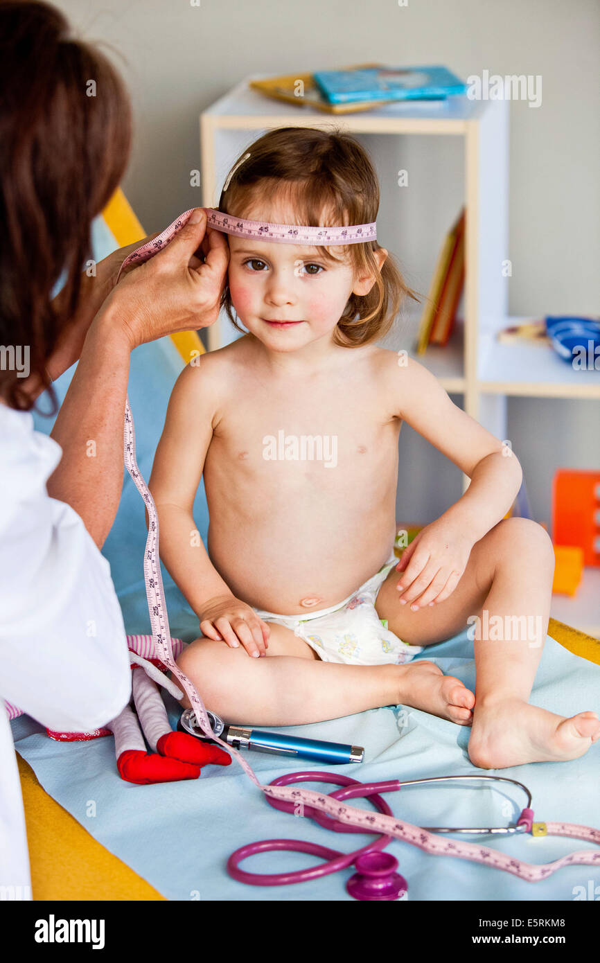 Measurement of the circumference of a 3-year-old girl's head (cranial perimeter) with a tape measure. Stock Photo