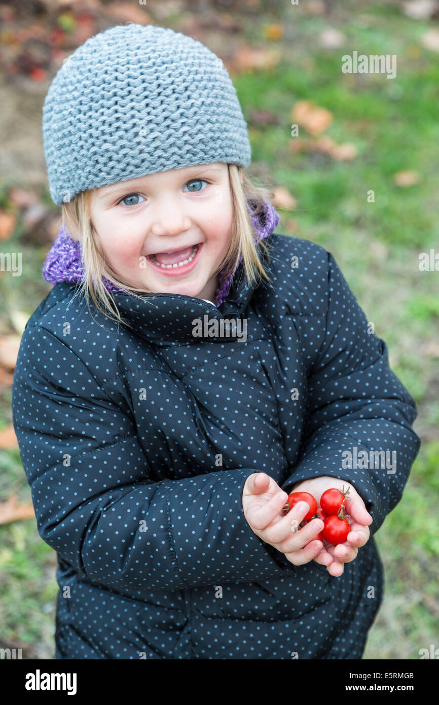 Girl holding tomatoes from garden in the palms of her hands Stock Photo ...
