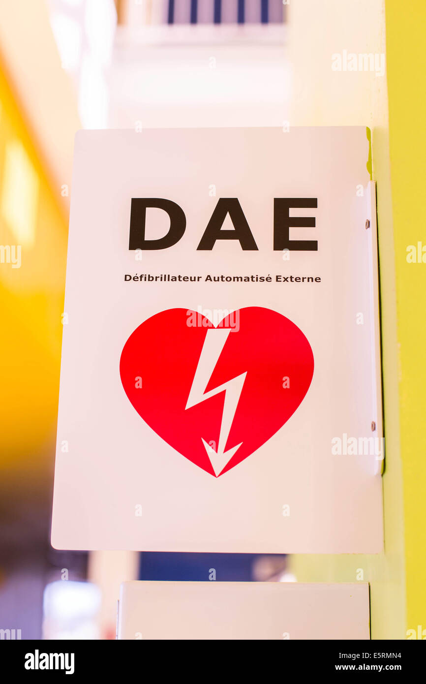 Semiautomatic heart defibrillator in a public place Stock Photo Alamy