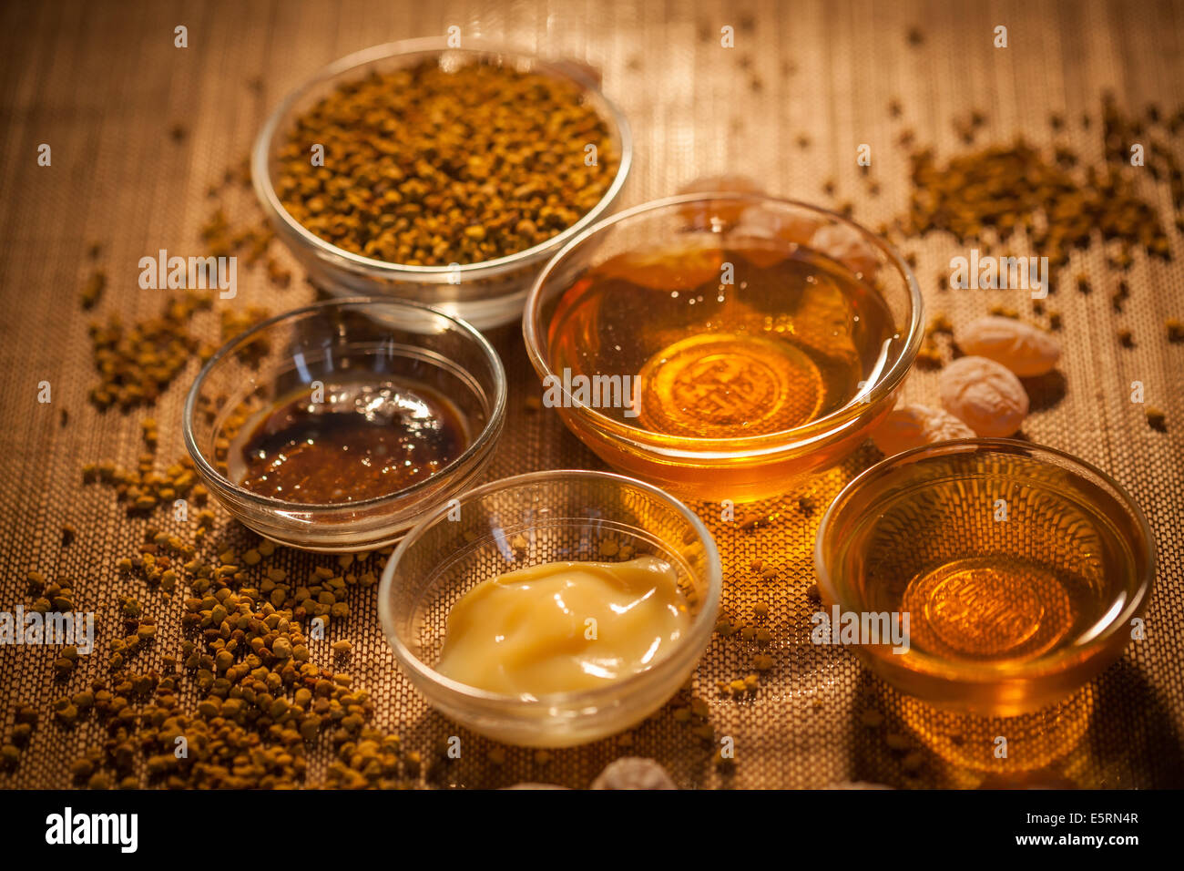 Various apiculture products : honey, royal jelly, pollen, propolis. Stock Photo