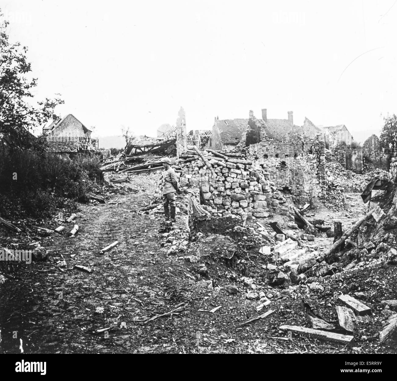 Ruined village of Vassogne in 1917, Aisne, France. Stock Photo