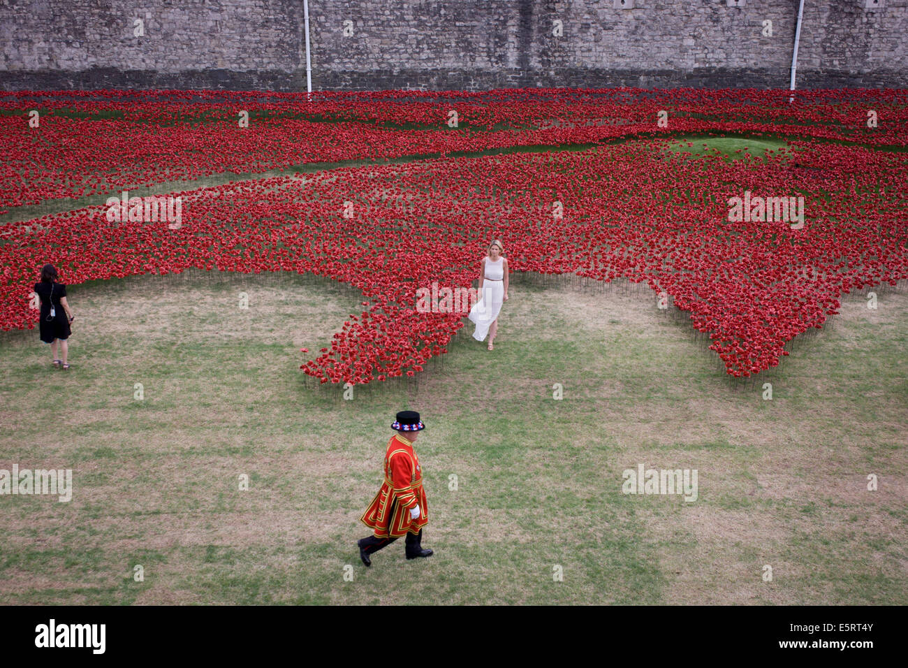 London, UK 5th August 2014: Marking the centenary of the beginning of the First World War (WW1) in 1914, a Tower of London Beefeater walks past TV presenters among some of the 888,246 ceramic poppies - one for each British military death - created by artist Paul Cummins. Remaining in place until the date of the armistice on November 11th. Across the world, remembrance ceremonies for this historic conflict that affected world nations, London saw many such gestures to remember the millions killed in action at the beginning of the 20th century. Credit:  Richard Baker / Alamy Live News. Stock Photo