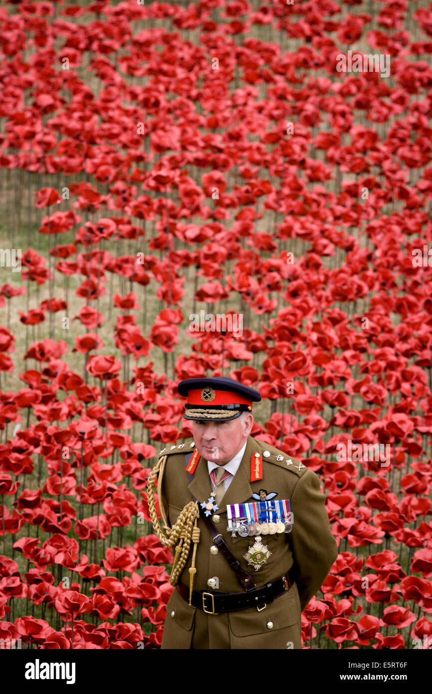 London, UK 5th August 2014: Marking the centenary of the beginning of the First World War (WW1) in 1914, General the Lord Dannatt stands among some of the ceramic poppies created by artist Paul Cummins.  Remaining in place until the date of the armistice on November 11th. Across the world, remembrance ceremonies for this historic conflict that affected world nations. General Francis Richard Dannatt, Baron Dannatt, GCB, CBE, MC, DL (born 1950) is a retired British Army officer and the incumbent Constable of the Tower of London. Credit:  Richard Baker / Alamy Live News. Stock Photo
