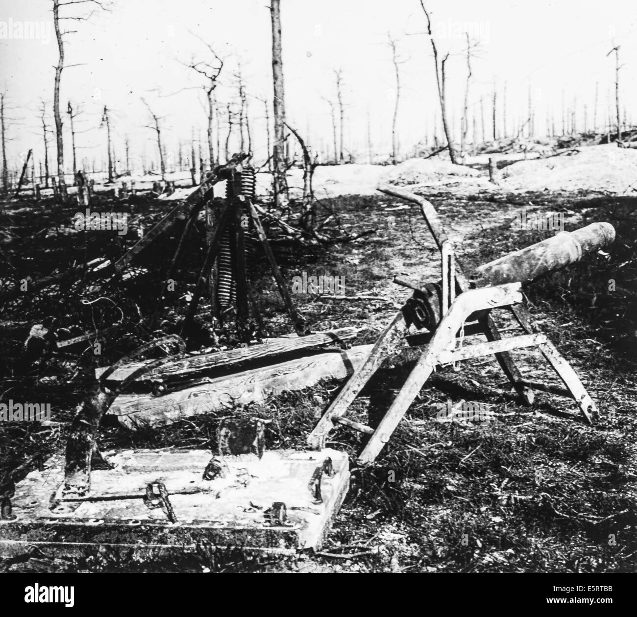 Minenwerfer, german artillery piece on the battlefield of the Chemin des Dames in 1917. Stock Photo