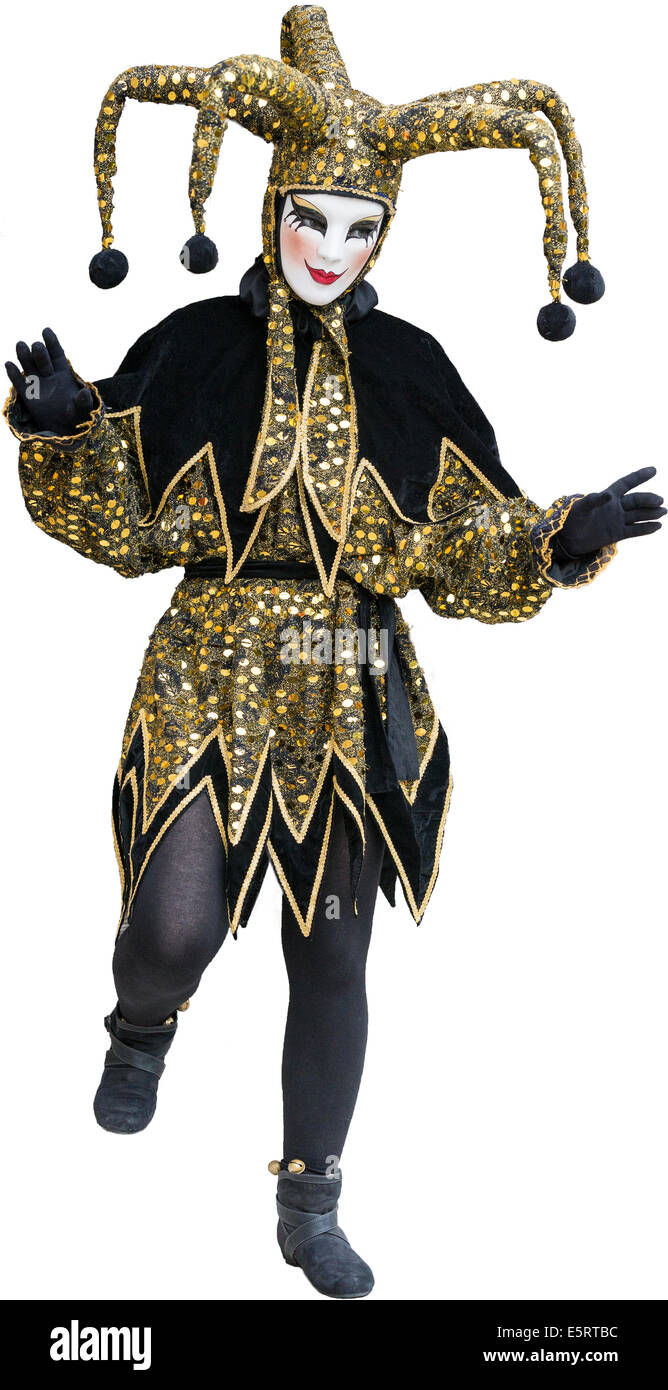 Cutout of Jester or clown in black & gold costume in front of San