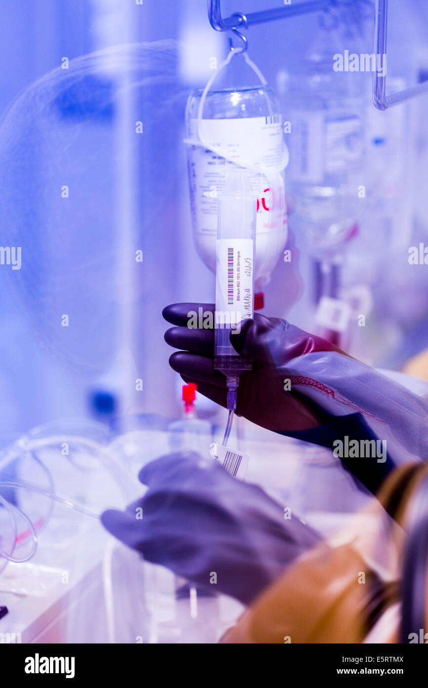 Pharmacist's assistant preparing parenteral nutrition. Limoges hospital