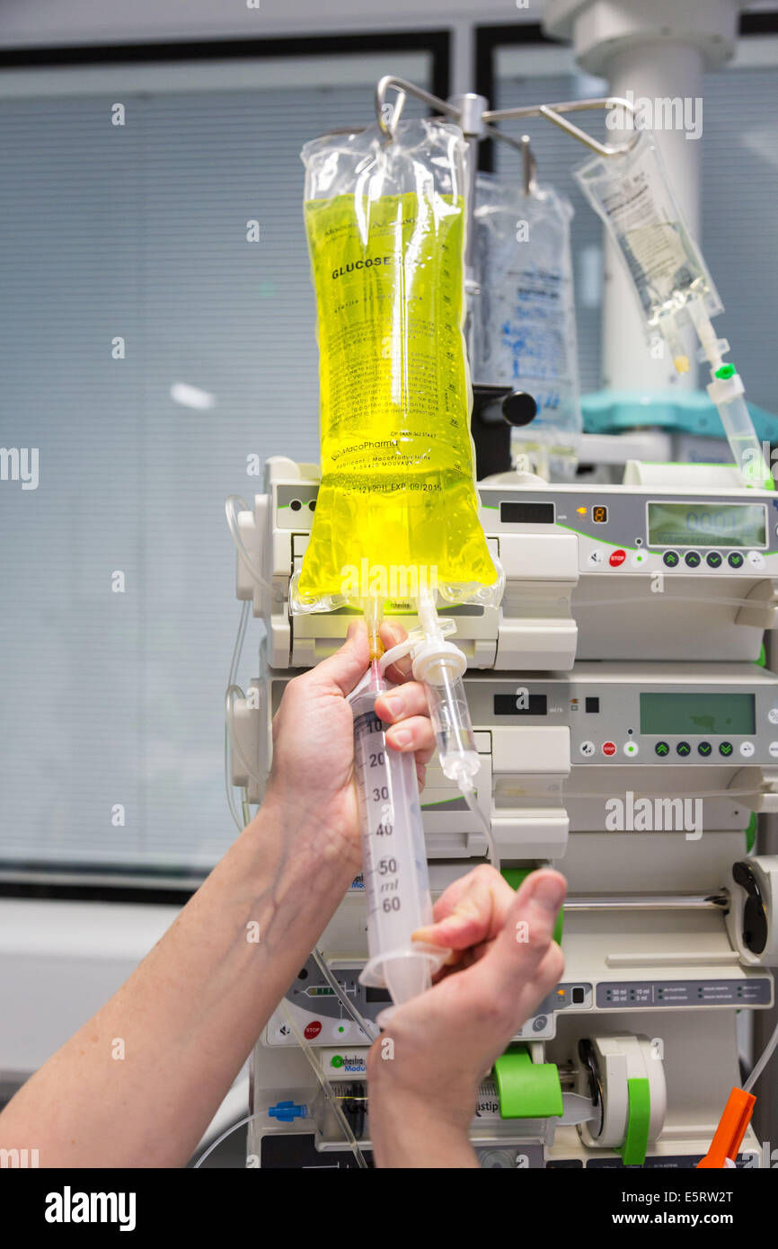 Vitamin injection in drip bag, Intensive care department, Lagny Marne ...