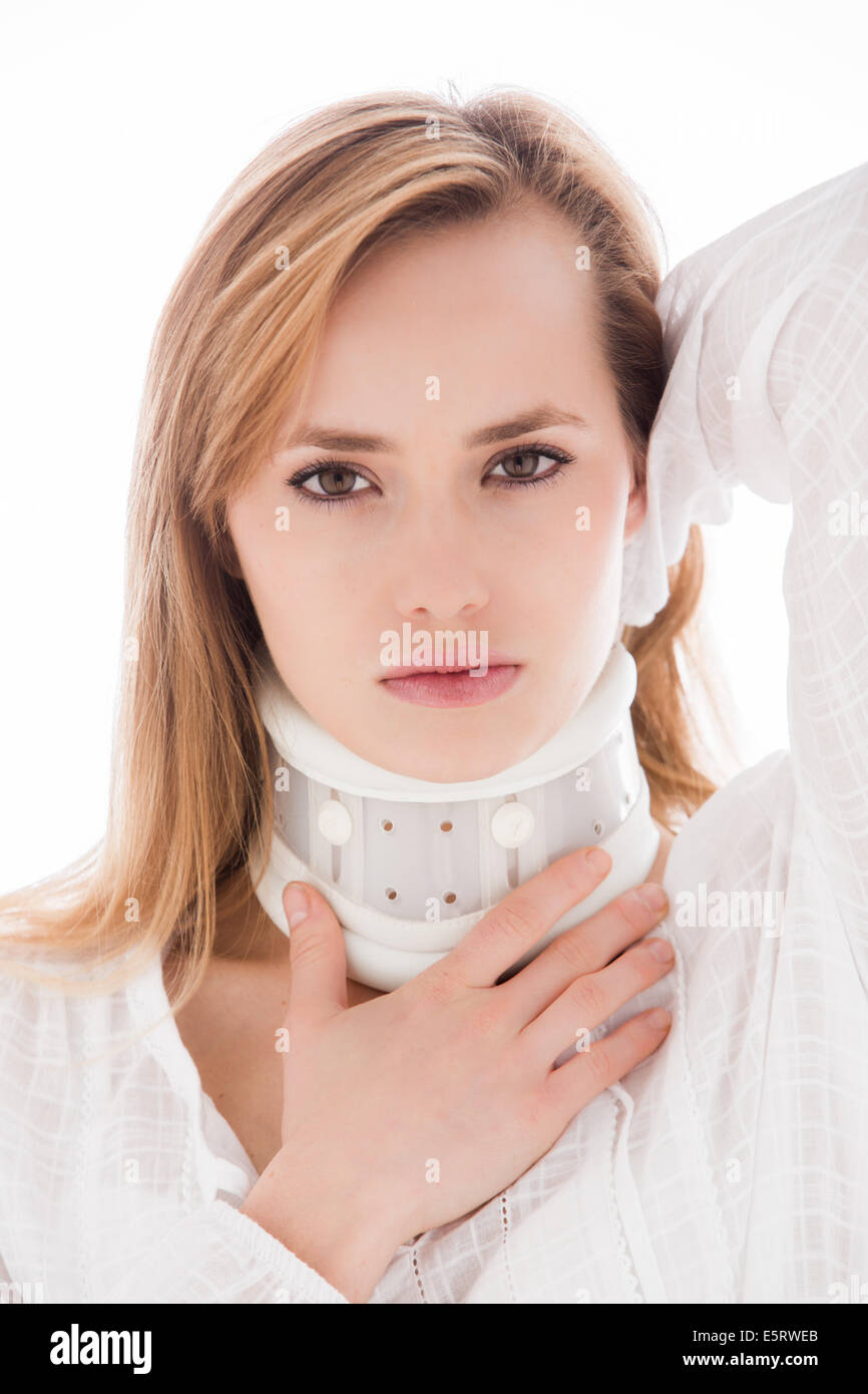 Woman wearing neck brace Stock Photo