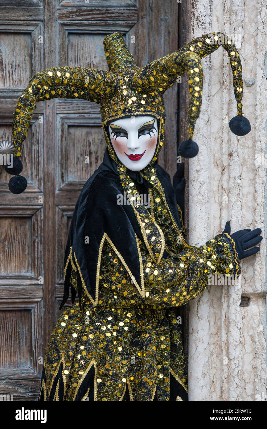 Jester Joker Venetian Masquerade Full Face Mask with Bells - Black White