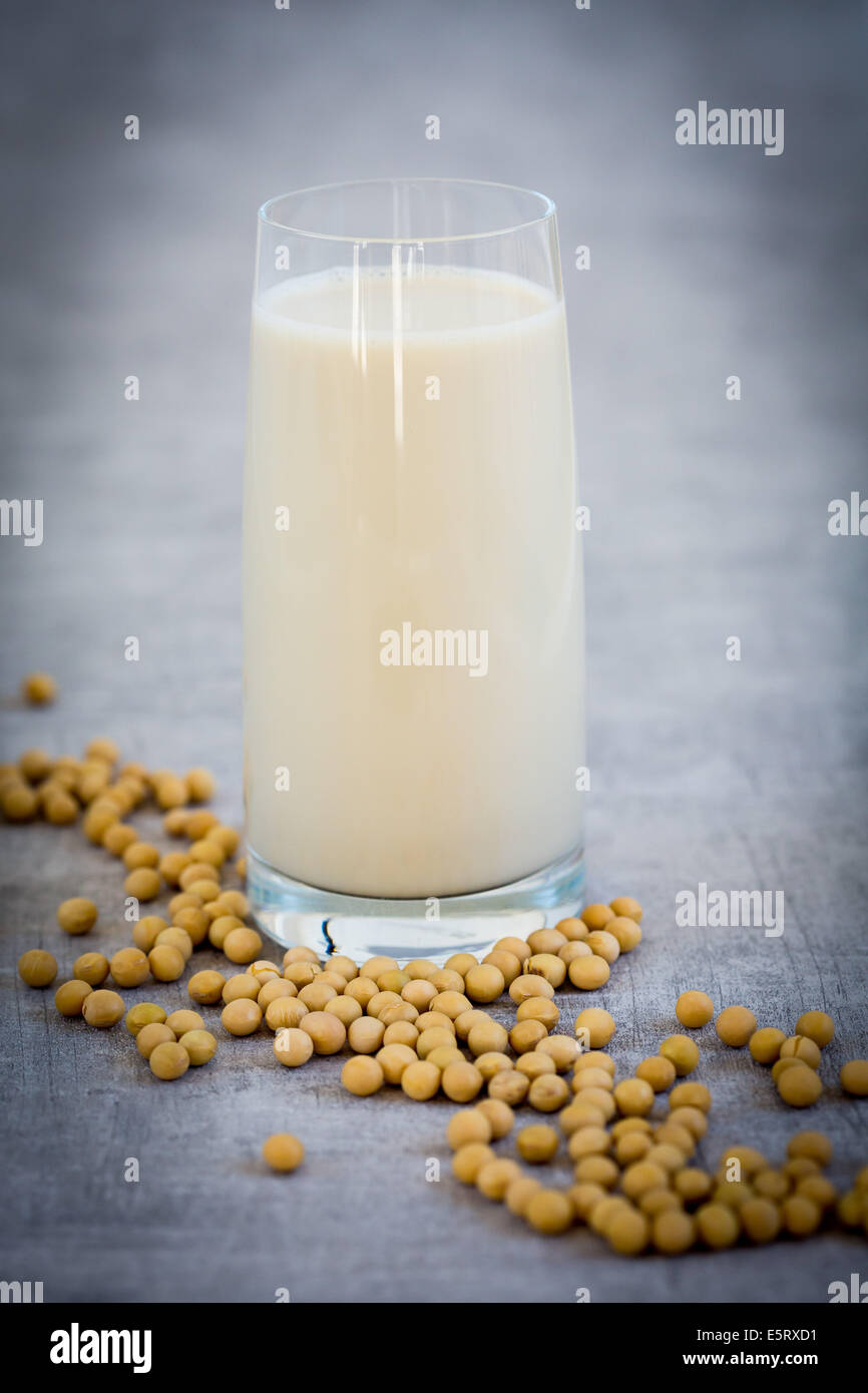 Soya beans and soja milk. Stock Photo