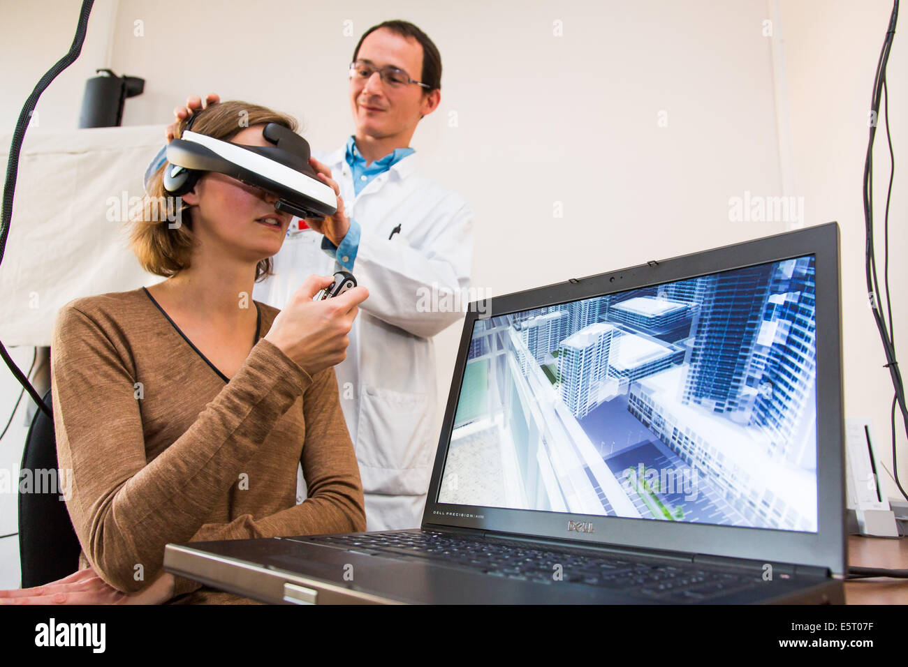 Woman during a session of virtual reality therapy to treat acrophobia