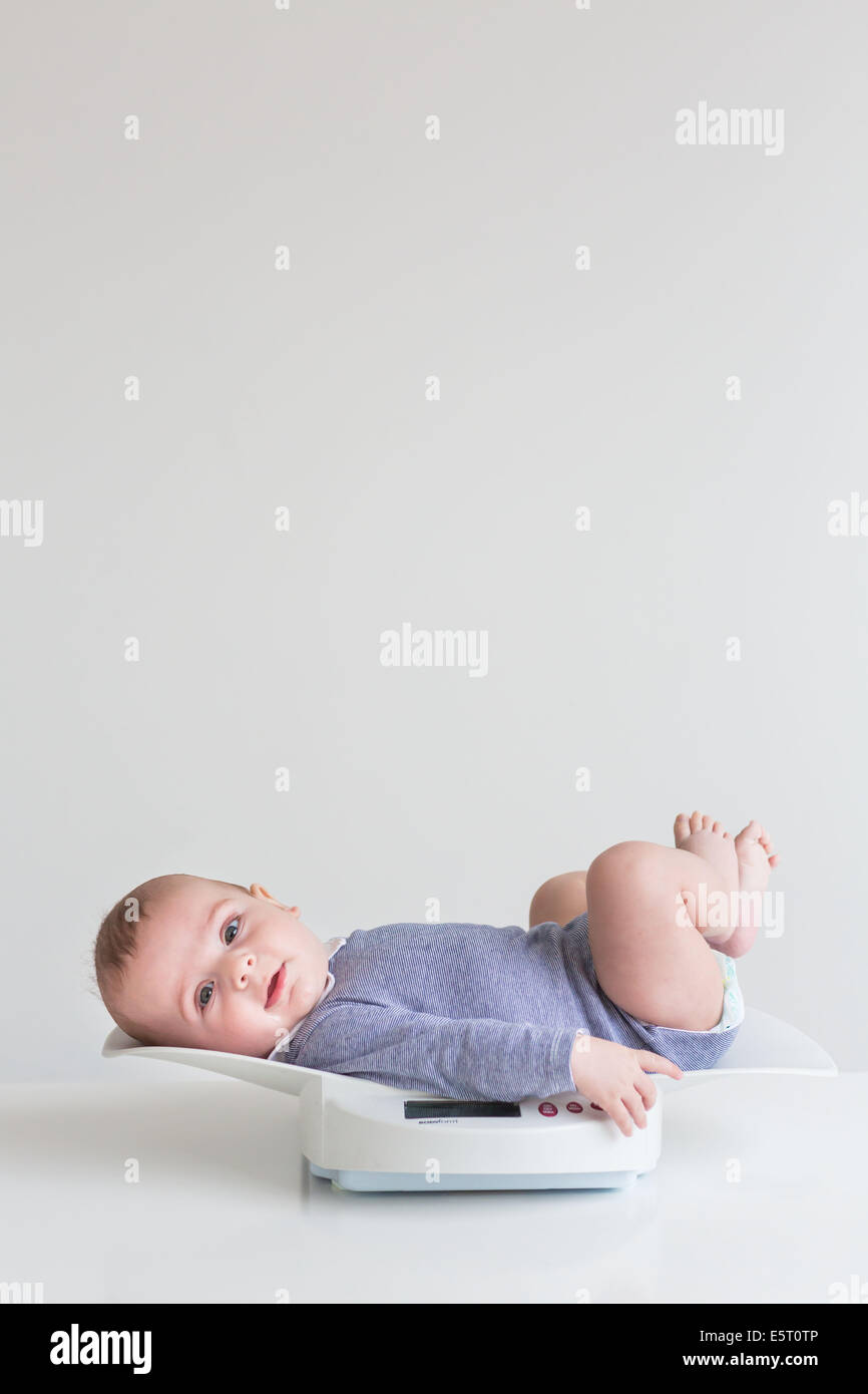 5 month old baby boy weighing. Stock Photo