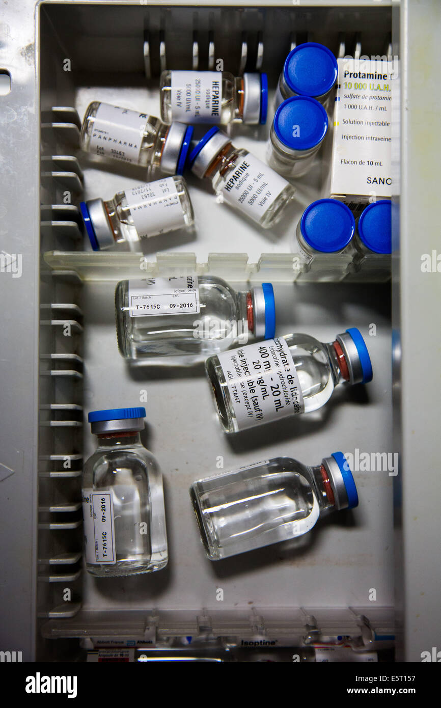 Vials of heparin, anticoagulant, and lidocaine hydrochloride, a local