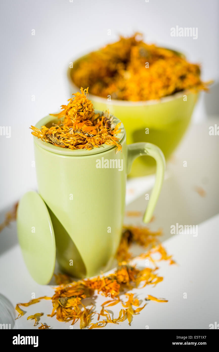 Marigold petals herb (Calendula officinalis) infusion. Stock Photo