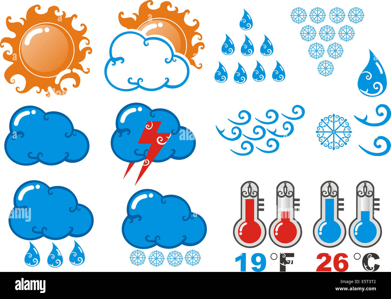 Classic design icons of weather forecasts with coiled tendrils Stock