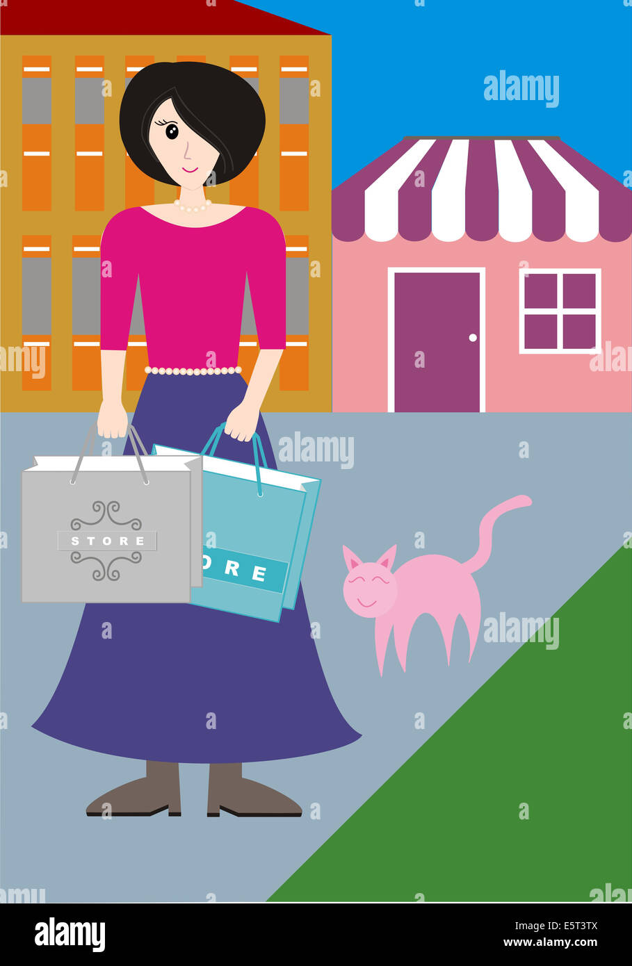 A woman with shopping bag standing beside a pinky cat. Stock Photo
