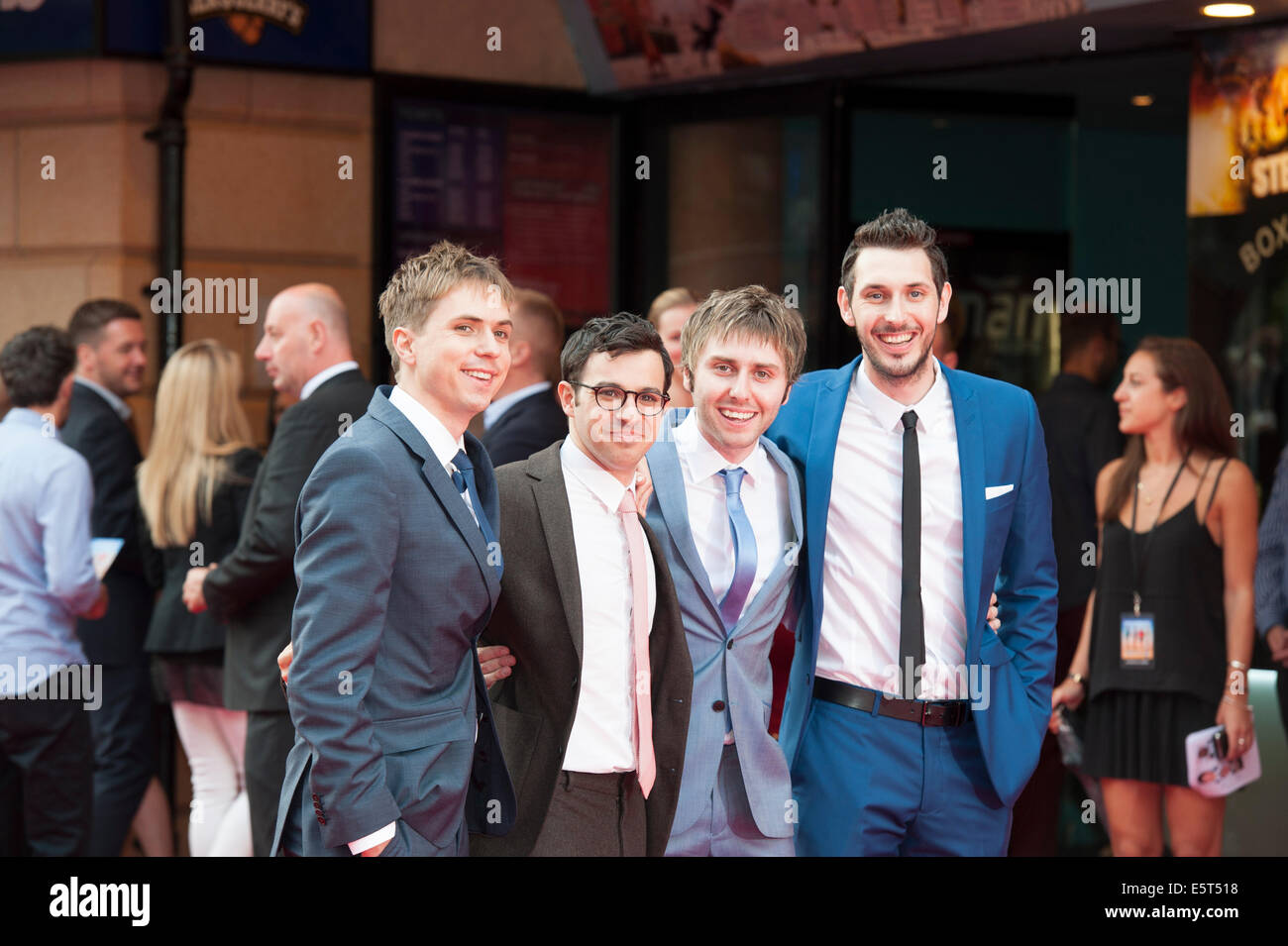 Leicester Square, London, UK. 5th August 2014. The second instalment of The Inbetweeners premieres at The Vue cinema in Leicester Square, London. Pictured: L-R: JOE THOMAS, SIMON BIRD, JAMES BUCKLEY, BLAKE HARRISON. Credit:  Lee Thomas/Alamy Live News Stock Photo