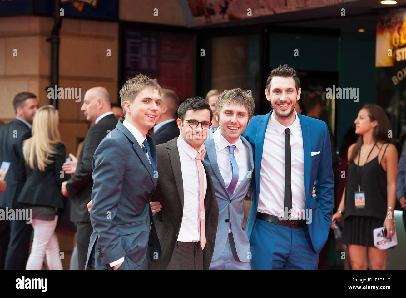 Leicester Square, London, UK. 5th August 2014. The second instalment of The Inbetweeners premieres at The Vue cinema in Leicester Square, London. Pictured: L-R: JOE THOMAS, SIMON BIRD, JAMES BUCKLEY, BLAKE HARRISON. Credit:  Lee Thomas/Alamy Live News Stock Photo
