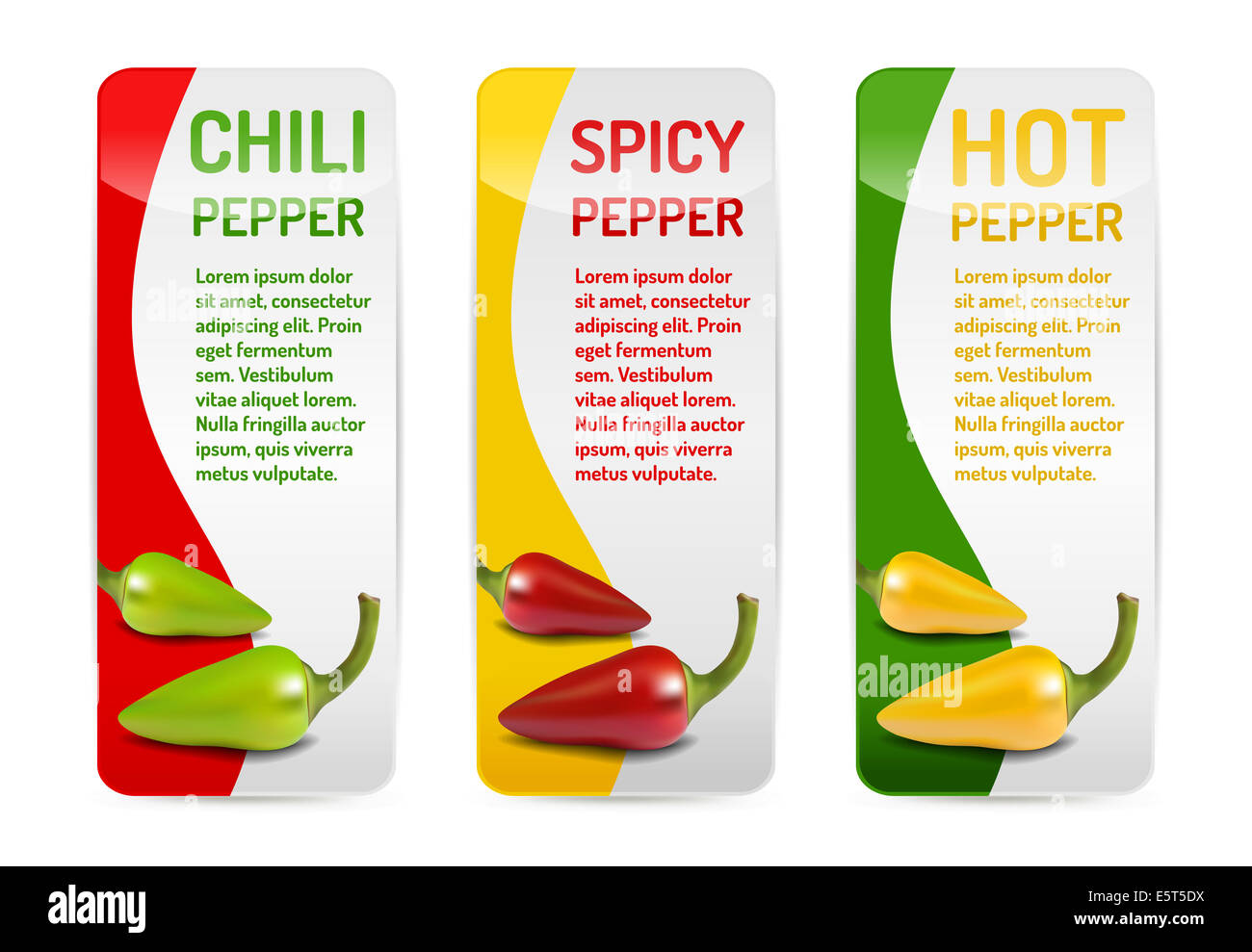 Red green and yellow Chili pepper banner collection with reflection and