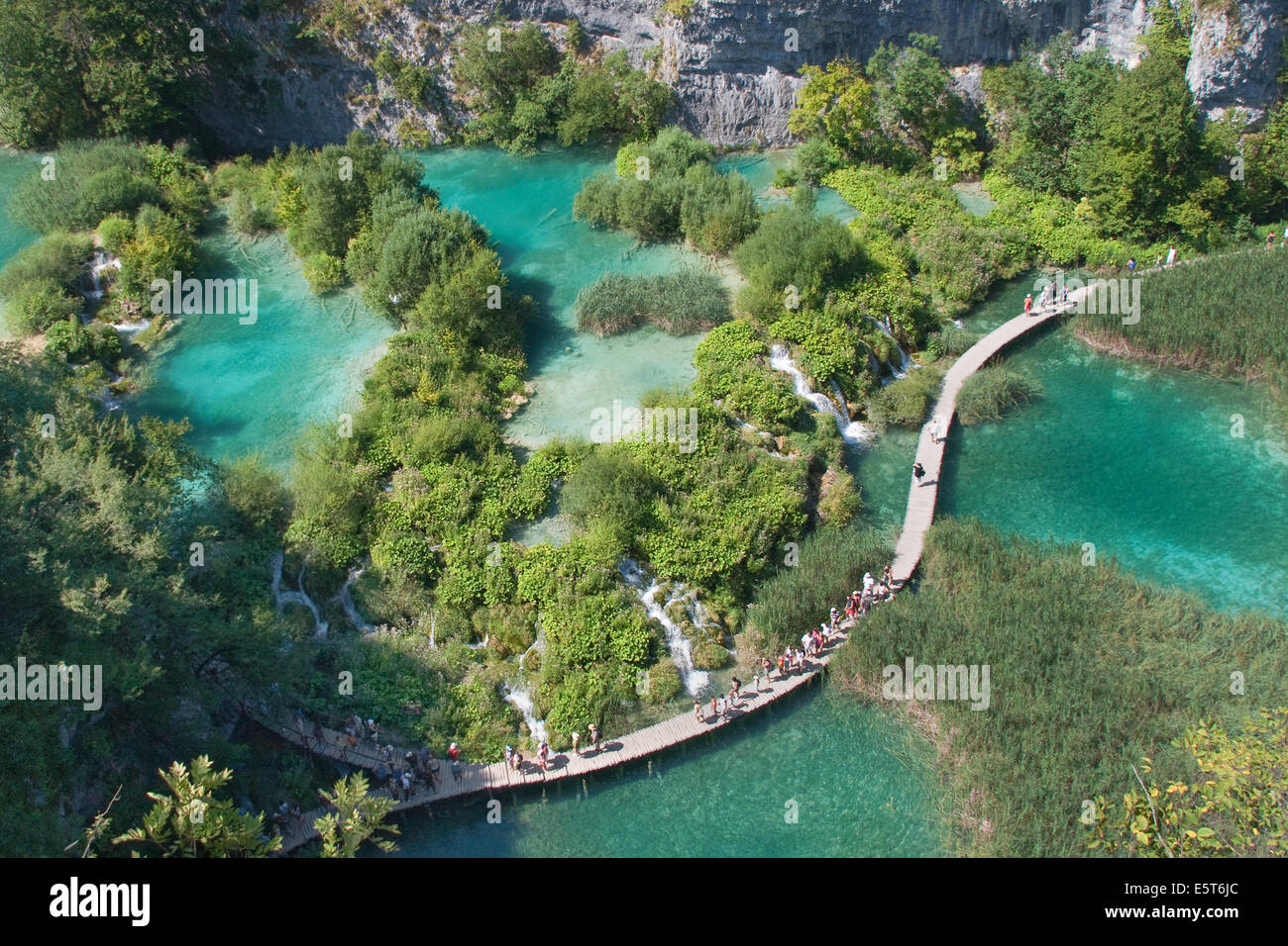 Gangway over a lake in the Plitvice Lakes National Park, Croatia. Stock Photo