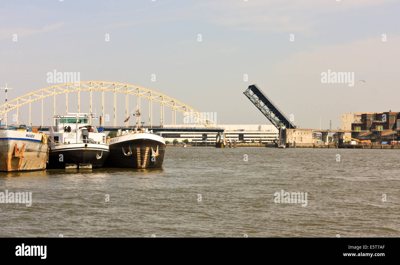 Movable Bridge across Oude Maas River, South Holland, Netherlands Stock Photo