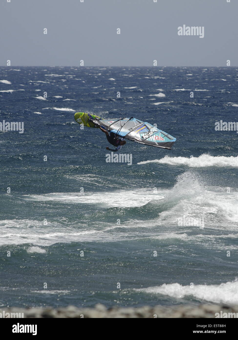 German windsurfer Klaas Voget, competing in the PWA Wind and Wave festival 2014 in Pozo Izquierdo, Gran Canaria. Stock Photo