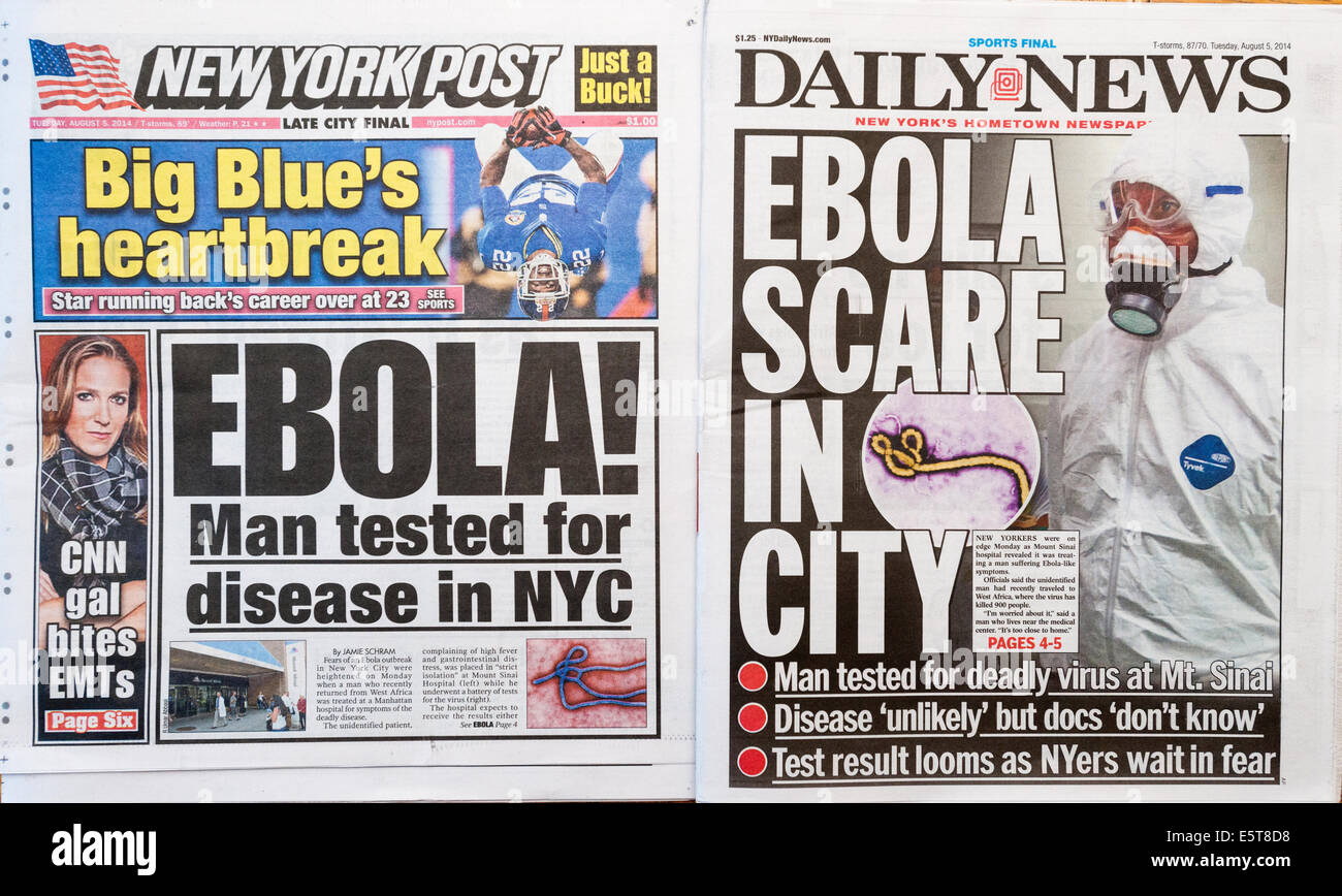 New York City tabloid newspapers report on their front pages about the possible case of the ebola virus Stock Photo