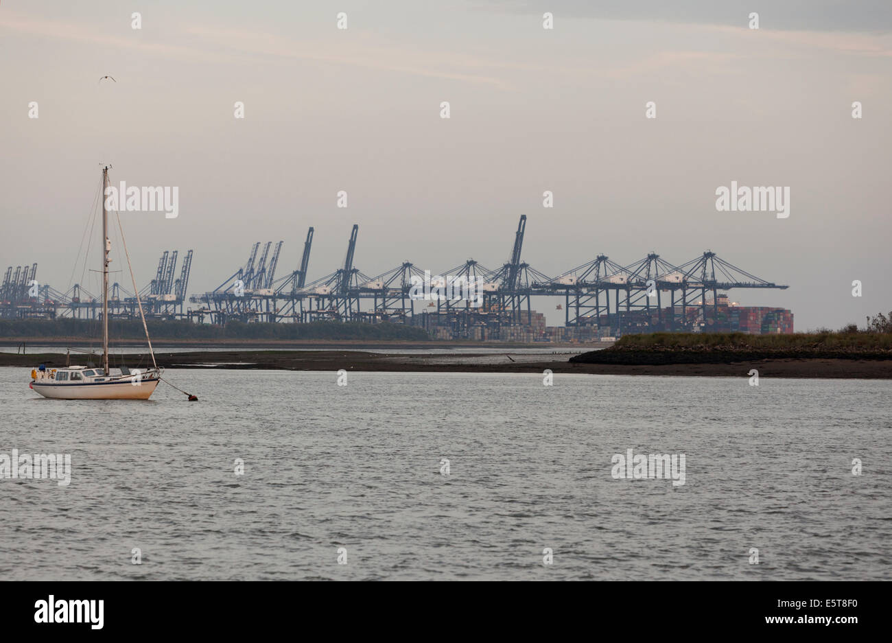 Yacht moored on River Orwell, Suffolk and cranes at Felixstowe Docks