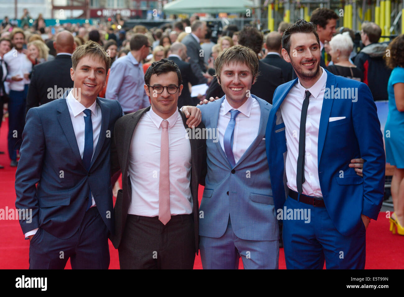 London, UK. 5th Aug, 2014. Simon Bird, James Buckley, Blake Harrison & Joe Thomas attends The World Premiere of The Inbetweeners 2 on 05/08/2014 at The VUE Leicester Square, London. Persons pictured: Simon Bird, James Buckley, Blake Harrison,  Joe Thomas. Credit:  Julie Edwards/Alamy Live News Stock Photo
