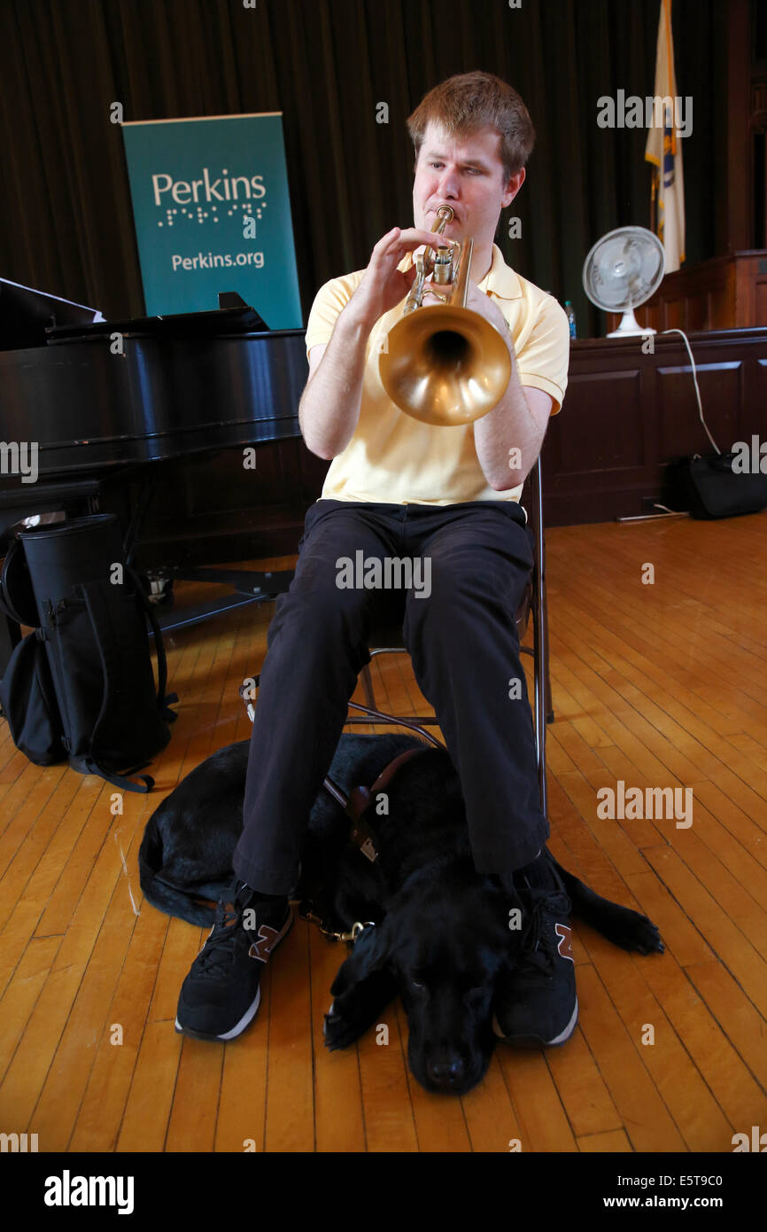 Sight impaired musician playing at Perkins School for the blind in Watertown, Massachusetts, USA Stock Photo