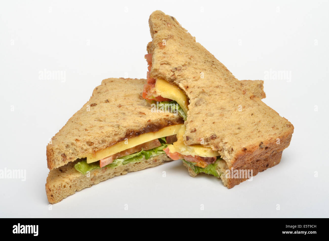 English Cheddar Ploughmans Malted bread sandwiches on white background