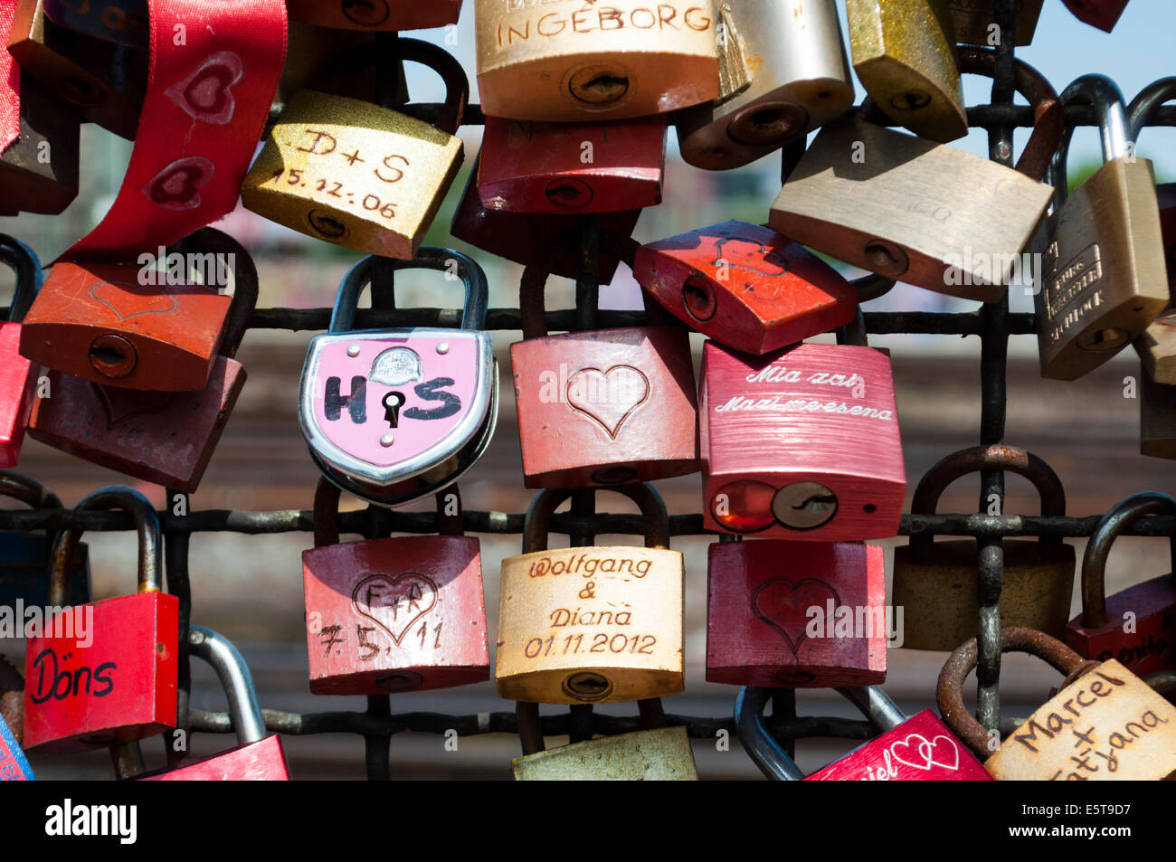 Padlocks symbolizing love forever on the wall of love in Cologne, Germany Stock Photo