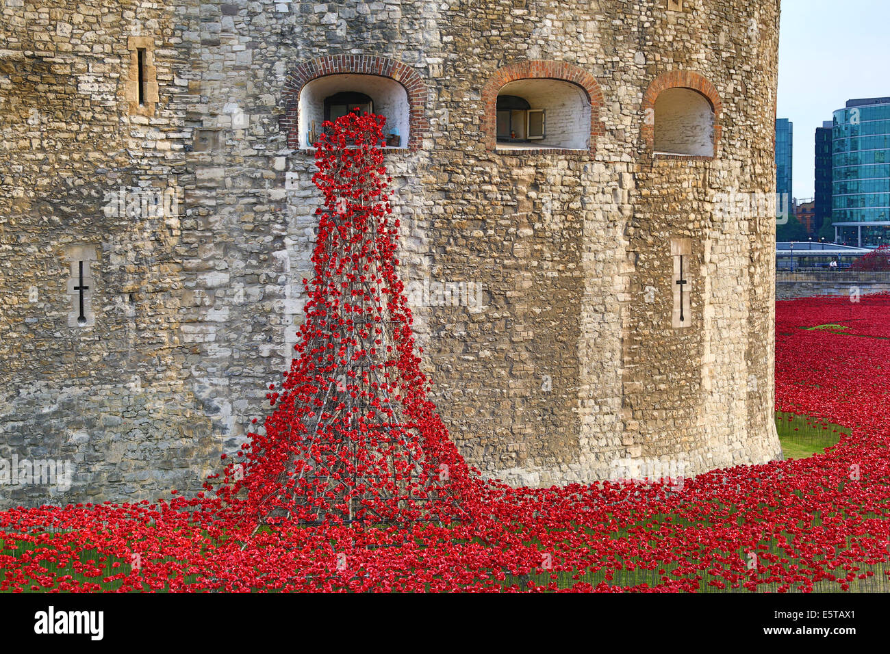 London, UK. 5th August 2014. The sea of poppies around the Tower of London at the opening of the  Blood Swept Lands and Seas of Red artwork by Paul Cummins. 888,246 ceramic poppies, each poppy representing a British or Colonial military fatality during the war, will fill the moat by November 11th. For the opening, battlefield images were projected onto the central tower while Tim Pigott-Smith read out names of the fallen during a 21 gun salute. The evening ended with the playing of the last post. Credit:  Paul Brown/Alamy Live News Stock Photo