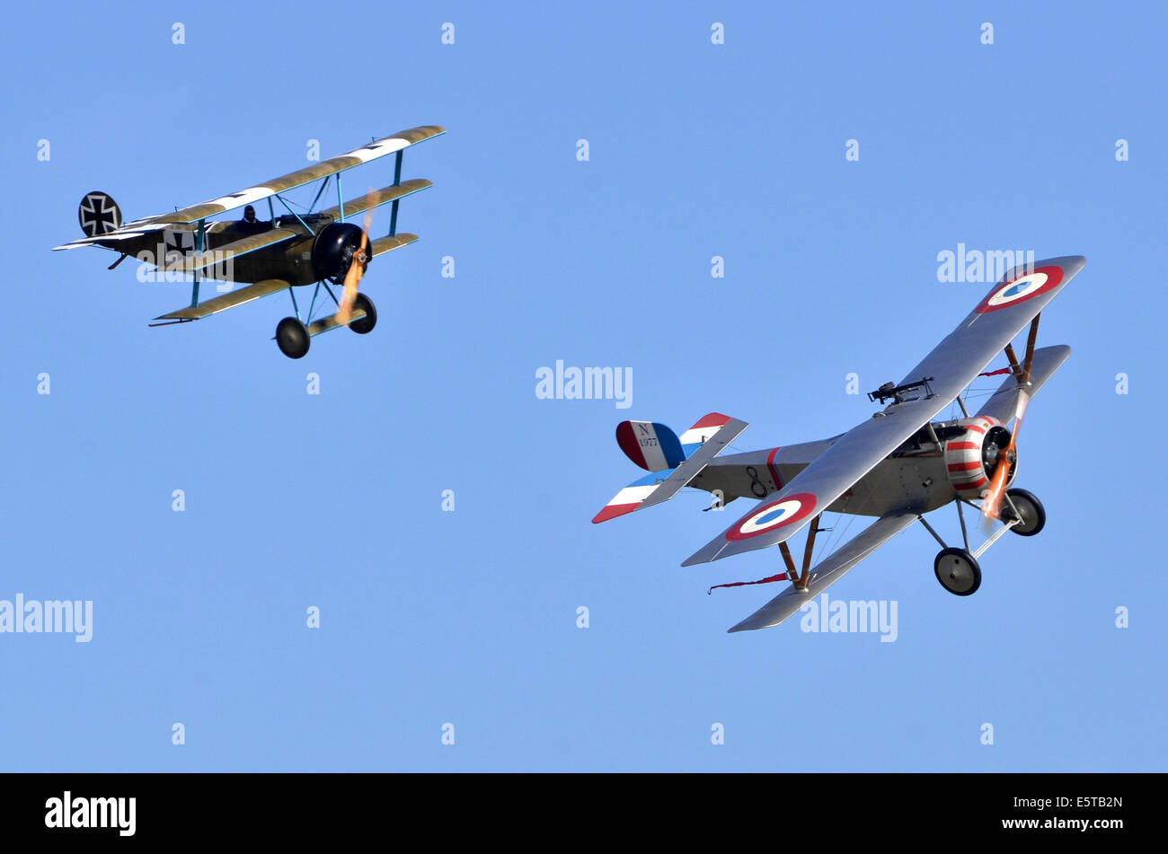 WW1 plane dogfight. Fokker Triplane DR1 in German markings and